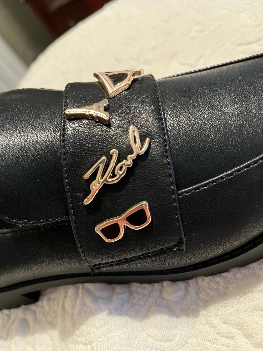 Karl Lagerfeld Black Leather Loafers with Gold & Enamel Charms - Picture 10 of 12